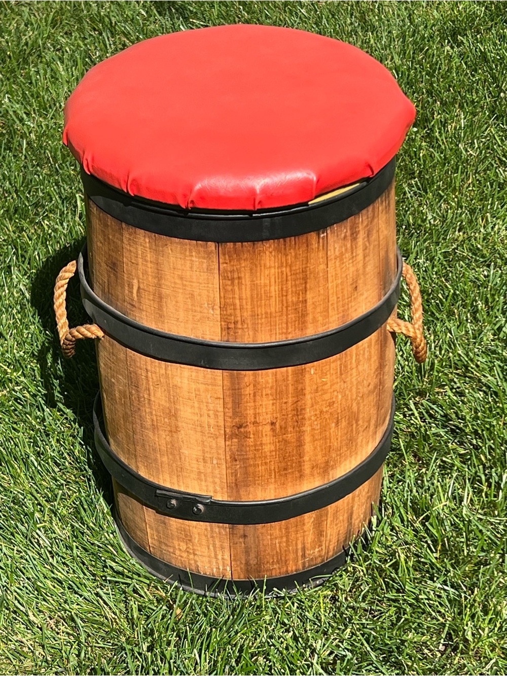 Wooden Whiskey Barrel Stool/Cooler with Red Padded Top and Removable Insert